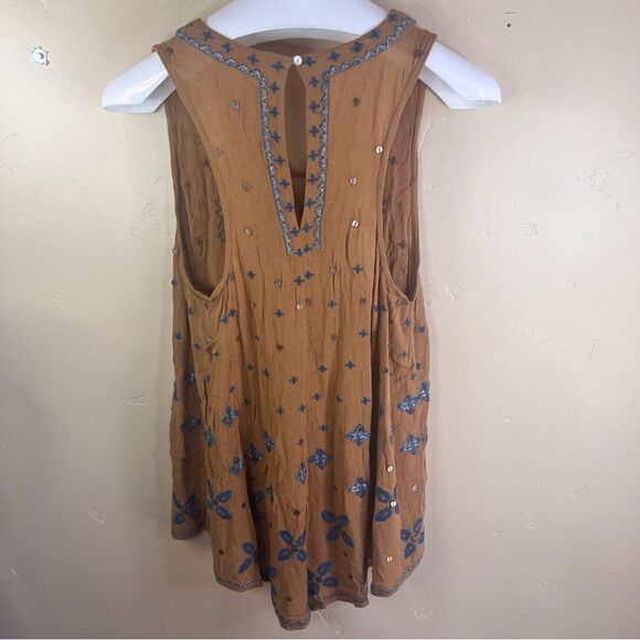 Free People Tan and Blue Embroidered Romper - Picture 3 of 6